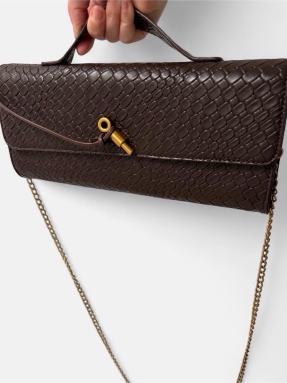 Woven vegan Leather Clutch with Top Handle in chocolate